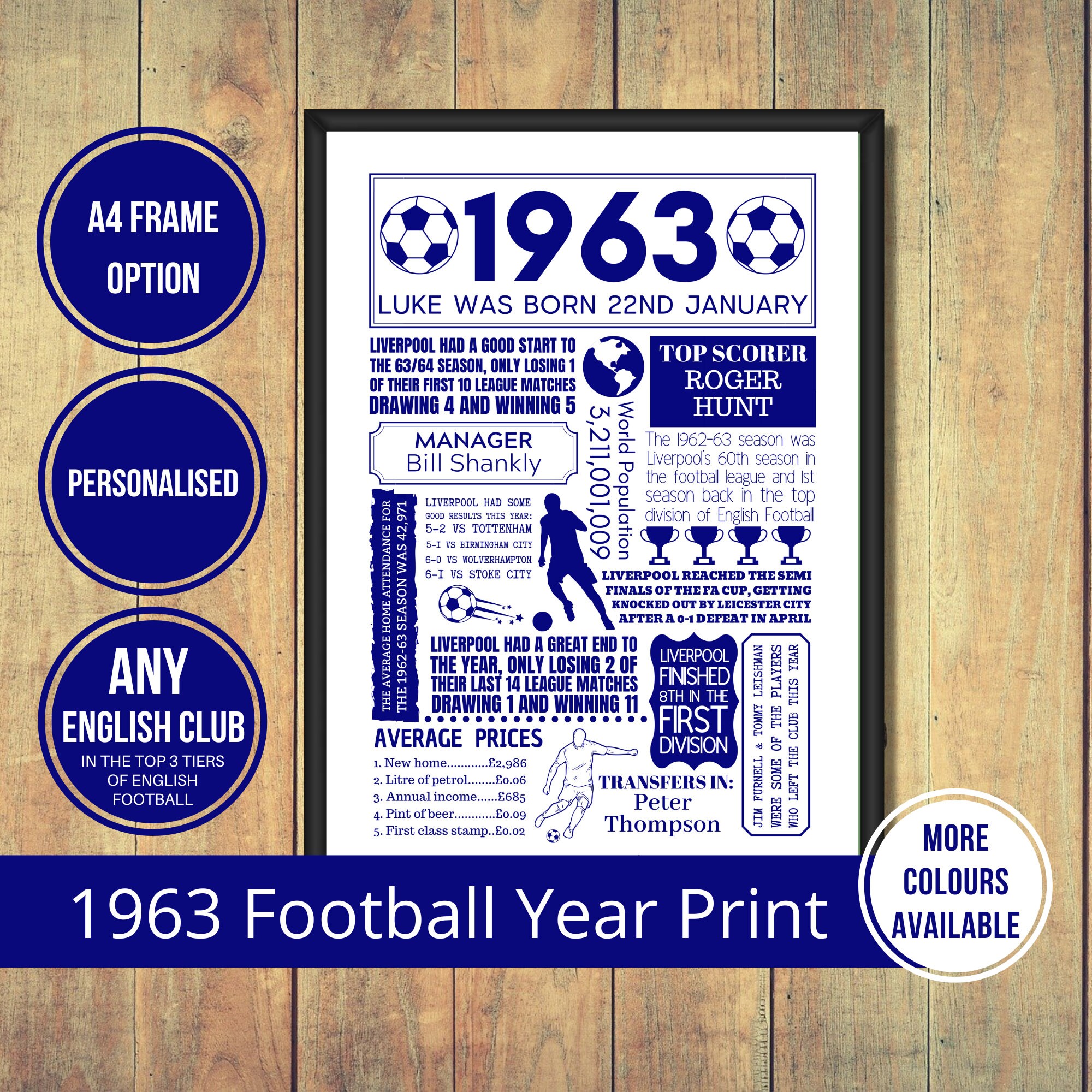 1963 Football Fact Print of ANY English Football Club in the