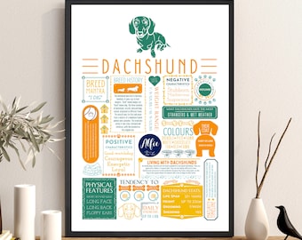 Dachshund Sausage Dog Fact Print | Personalised with Dogs Name | Dog Lover Gift | Colour - A4 Frame & Gift Option