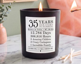 Personalised 35th Coral Anniversary Candle | Years Married Gift | Our Story in Numbers | Present for Wife Husband