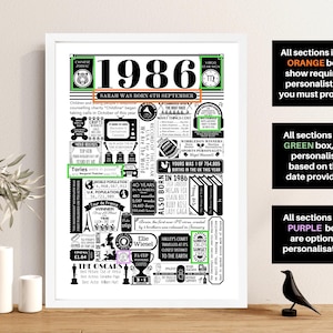 1986 Birthday Poster | Personalised 40th Birthday Gift | Year You Were Born Print | Gift for Men and Women | 40th Party Decor image 6