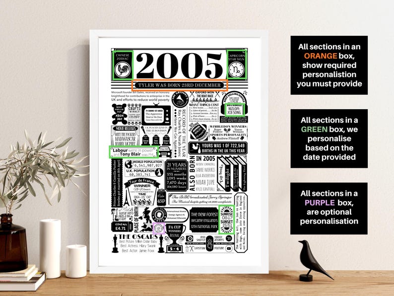 2005 Birthday Poster | Personalised 21st Birthday Gift | Year You Were Born Print | 21st Birthday Party Decor 画像 8