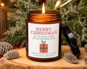 Personalised Funny Christmas Candle, Custom Message Gift, Amber Apothecary Jar
