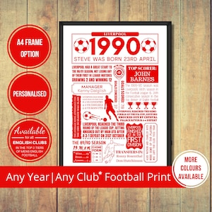 Any Year Football Print of Any Club in The Top 3 Tiers of English Mens Football in Red Text – Birthday Gift
