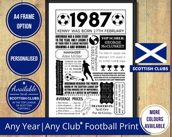 Any Year SCOTTISH Football Print of Any Club in The Top Tier of Scottish Football – Birthday Gift