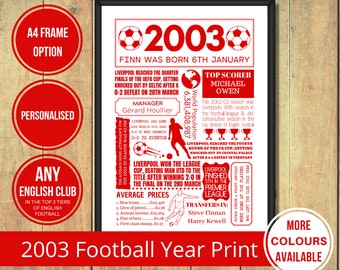 2003 Football Fact Print of ANY Mens English Football Club in The Top 3 Tiers of English Football in Red - 21st Football Birthday Gift