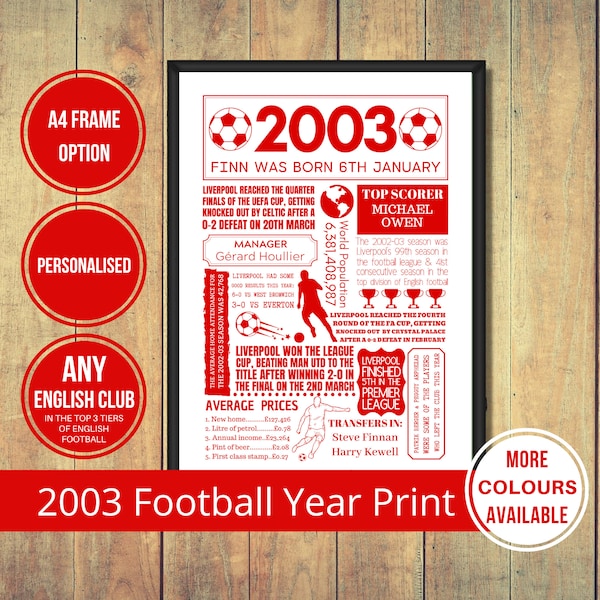 2003 Football Fact Print of ANY Mens English Football Club in The Top 3 Tiers of English Football in Red - 21st Football Birthday Gift