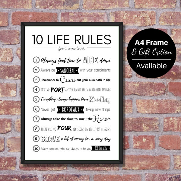 10 Life Rules For A Wine Lover, Funny Wall Poster Typography Print - Kitchen Wall Art, Kitchen Print, Wine Lover Gift - A4/A3/A2