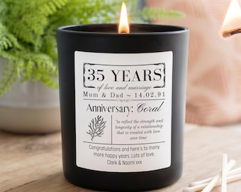 Personalised 35th Coral Wedding Anniversary Candle | Custom Names & Date Gift | Vegan Soy Wax Candle | 35 Years Married Present