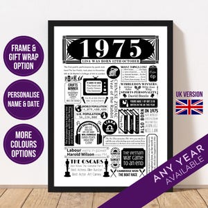 1975 Birthday Poster | Personalised 50th Birthday Gift | Year You Were Born Fact Print | Birthday Gift for Her | For Him