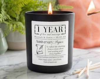 Personalised 1st Wedding Anniversary Candle | Paper Anniversary Gift | Custom Names & Date | Vegan Soy Wax