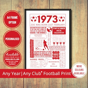 Any Year Football Print of Any Club in The Top 3 Tiers of English Mens Football in Red Text – Birthday Gift