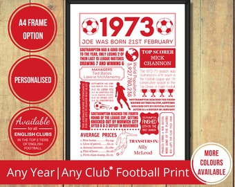 Any Year Football Print of Any Club in The Top 3 Tiers of English Mens Football in Red Text – Birthday Gift