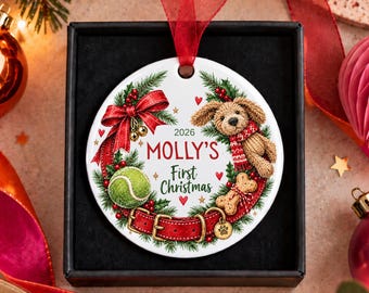 Personalised Dog First Christmas Bauble, Puppy Christmas Ornament, New Puppy Gift, Dog Wreath Decoration, Pet Christmas Keepsake