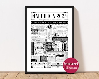 Married in 2025 Fact Poster: Personalised 1st Wedding Anniversary Paper Gift | Year You Were Married Print | Custom Party Decor
