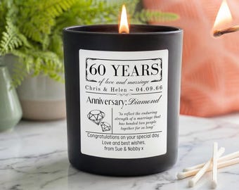 Personalised 60th Diamond Wedding Anniversary Candle | Custom Names & Date Gift | Vegan Soy Wax Candle | 60 Years Married Present