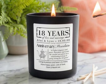 Personalised 18th Wedding Anniversary Candle | Porcelain Anniversary Gift | Custom Names & Date | Vegan Soy Wax