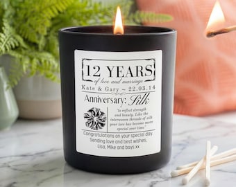 Personalised 12th Silk Wedding Anniversary Candle | Custom Names & Date Gift | Vegan Soy Wax Candle | 12 Years Married Present