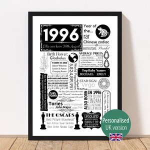 1996 Birthday Poster | Personalised 30th Birthday Gift for Women | Year You Were Born Print - Floral Gift for Her | Gift for Him Black text