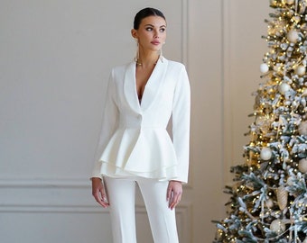 Costume de mariée blanc, veste à basque avec pantalon droit, costume d'invité de mariage, costume de mariage civil, costume de répétition