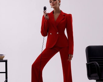 Red formal pantsuit with buttons blazer, women suit with high waist pants, red prom suit, occasion pant suit