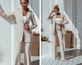 Costume de pantalon de blazer formel beige, costume de bal pour les femmes, tailleur-pantalon d'anniversaire, costume d'invité de mariage, costume pour les femmes