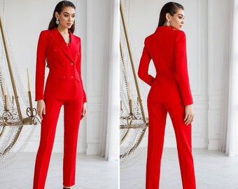 Tailleur-pantalon rouge, tailleur deux pièces pour femme, costume de mariage civil, tailleur-pantalon pour femme, costume de bal rouge, blazer avec pantalon droit