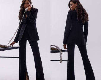 Bell Bottom Pants Suit Set With Black Blazer, Puffed Sleeve Blazer