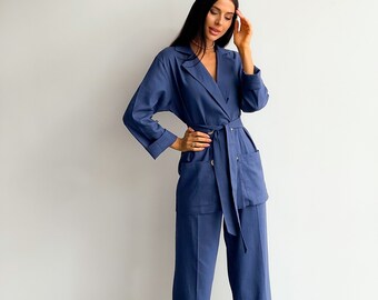 Tailleur deux pièces pour femme, Tailleur-pantalon en lin pour femme, Costume en lin bleu, Tailleur pantalon de cérémonie en lin, Costume d'invité pour un mariage