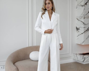 Women's White Two Piece Suit, Cropped Single Breasted Blazer With High Wasted Pants, Wedding White Pantsuit, Women Suit