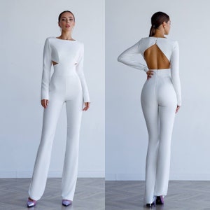 White women jumpsuit with open back, straight leg jumpsuit, wedding jumpsuit, bridal jumpsuit