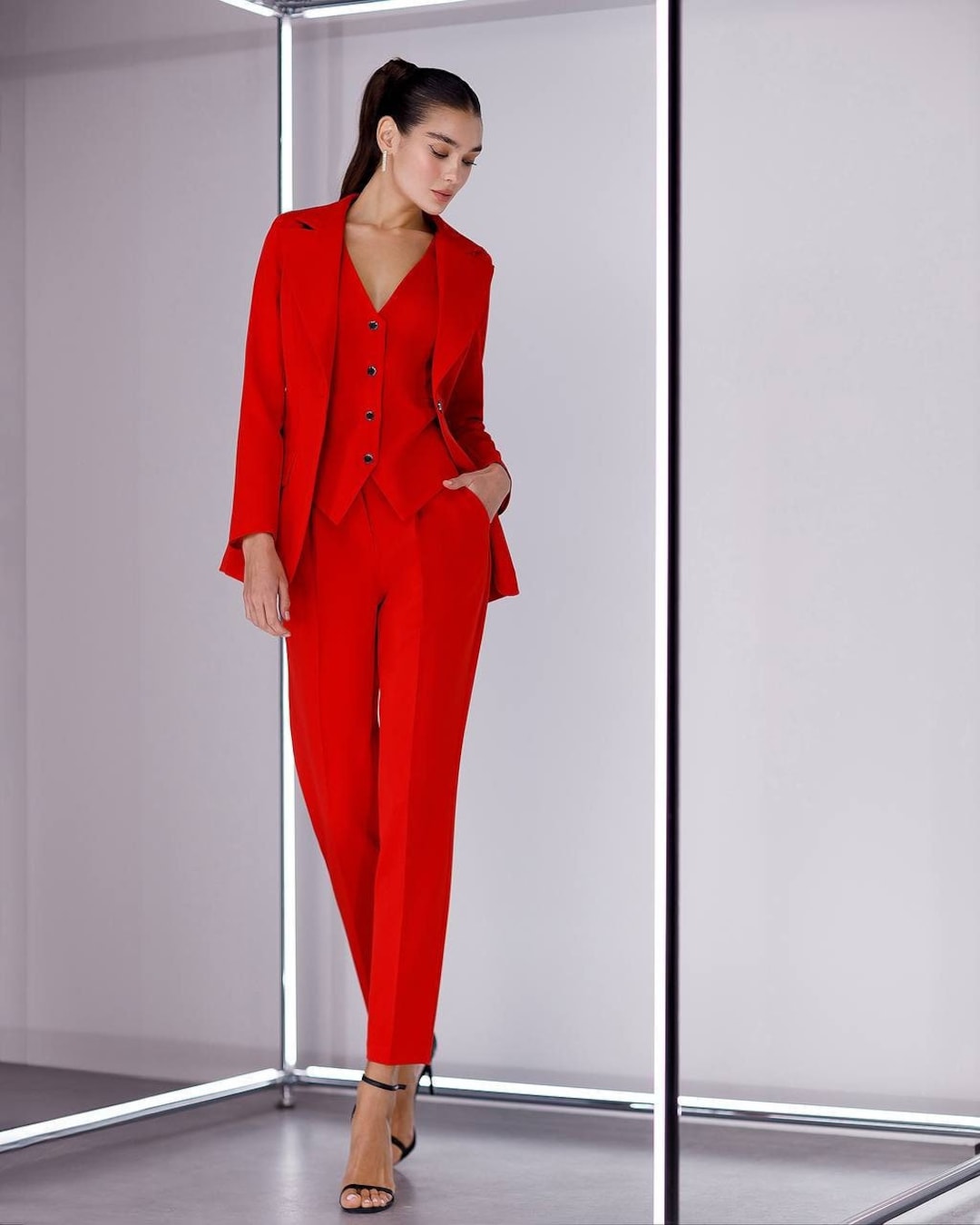 Red Formal Women Pantsuit Office Three Piece Suit Red Blazer Women red-formal-women-pantsuit-office-three-piece-suit-red-blazer-women