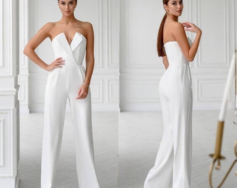 White wedding jumpsuit for women, palazzo corset jumpsuit, white formal jumpsuit , civil wedding jumpsuit, sleeveless wedding jumpsuit