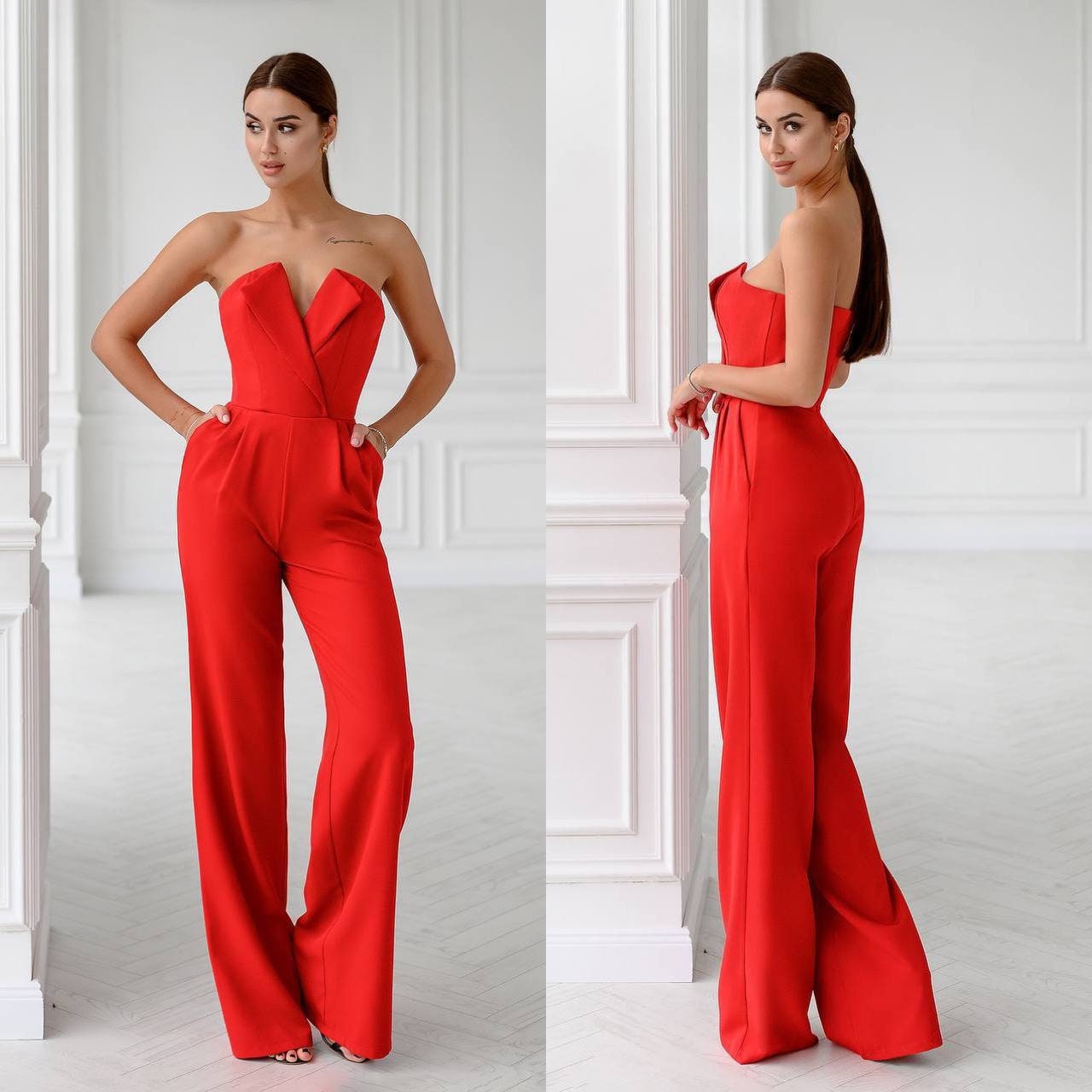 Compact Stretch Tux Bandeau Wide Leg Jumpsuit