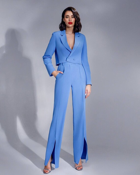 Blue Formal Pantsuit, Blue Cropped Blazer and Slit Pants, Civil Wedding  Suit, Reception Suit, Prom Suit Women 