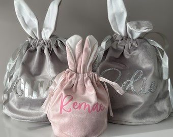 Personalised Easter Bunny Ear Velvet Style Drawstring Gift Bag