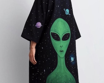 Hand-Painted Alien Linen Kimono: Bohemian Space Kaftan Robe