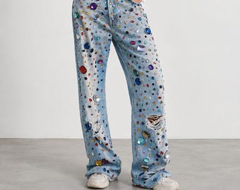 Gem Maxxing Bedazzled Jeans for Women, Rhinestone Crystal Denim, Sparkly Festival Pants, Jeweled Statement Jeans