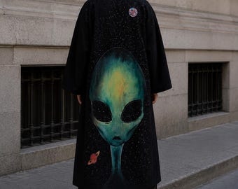 Alien Festival Kimono for Men Women, Hand-Painted Linen Robe, Psychedelic Boho Rave Cardigan