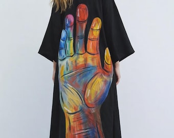 Hand-Painted Linen Kimono – Giant Hand Art | Bohemian Maxi Kaftan for Women