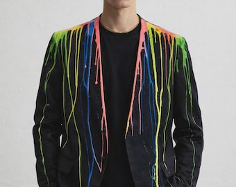Hand-Painted Neon Drip Blazer for Men – Artistic Statement Jacket