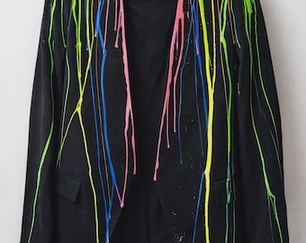 Hand-Painted Neon Drip Blazer for Women – Statement Art Jacket
