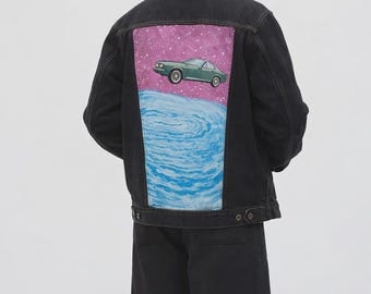 Hand-Painted Denim Jacket – Flying Car Space Art, Unisex Wearable Art