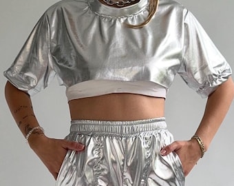 Silver Metallic Crop Top: Shimmer Galaxy Futuristic Tee