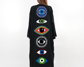 Evil Eye Kimono: Black Organic Linen Kaftan, Bohemian Beach Cover-Up