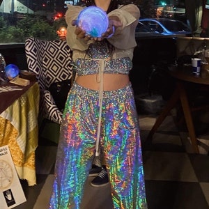 Disco Ball clothes Holographic Sequin Set for Nightclub,Burning Man Festival &Party, Glitter Strap Tank Top, High-Waist Bottom,90s 80s party