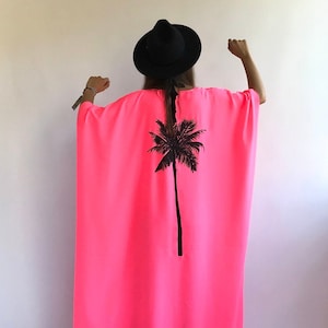 Neon Pink Palm Tree Kimono dressing gown,Luxury loungewear bathrobe Bohemian Summer Dress Boho Maxi Long Kimono Kaftan Bohemian Beach Kimono