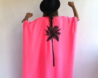 Vintage Bohemian Kimono: Neon Pink Palm Tree Maxi Dress