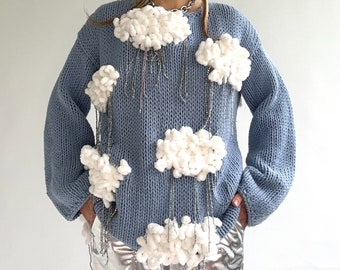 Rain Cloud Sweater: One-of-a-Kind Wearable Art | Upcycled Sustainable Fashion | Handcrafted Statement Piece