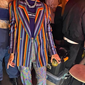 Colorful Striped Unisex Oversize Blazer Jacket 80&#39;s 90s party vintage women&#39;s striped multicolor blazer Rainbow Preppy Office Suit Business