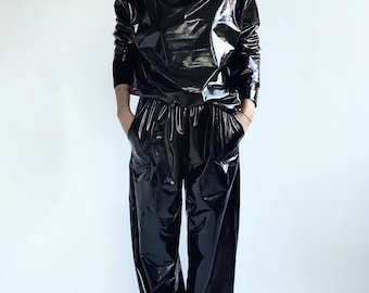 Black Patent Faux Leather Pants: High Waist Techno Latex Trousers